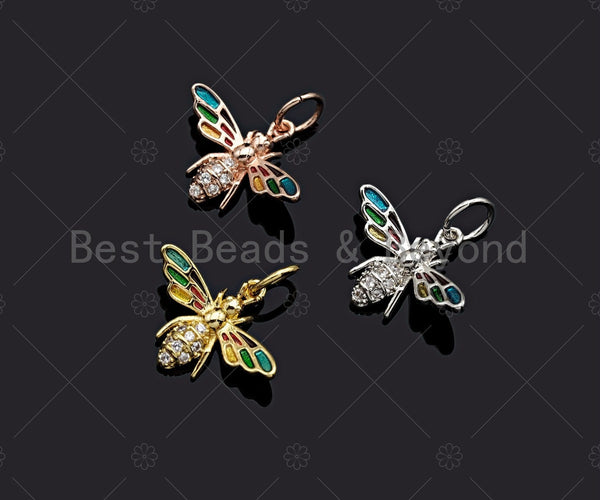 Bee Shape Pendant,Colorful Enamel Cubic Zirconia Bee Charm,Gold/Silver/Rose Gold Tone,15x12mm,Sku#Y341
