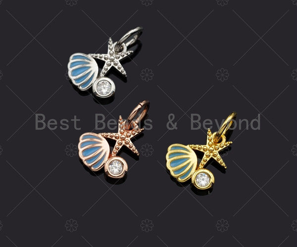 Clear CZ Micro Pave Shell Starfish Shape Pendant,Blue Enamel Cubic Zirconia Shell Charm,Gold/Silver/Rose Gold Tone,8x9mm,sku#Y342