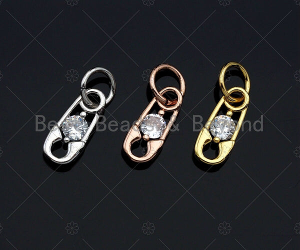 Clear CZ Micro Pave Safety Pin Shape Pendant,Cubic Zirconia Safety Pin Charm,Gold/Silver/Rose Gold Tone,4x10mm,Sku#Y343