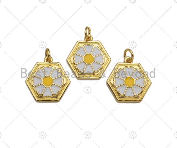 White Enamel Daisy Flower On Hexagon Shape Pendant Charm, Enamel Hexagon Charm,16x16mm,sku#L355