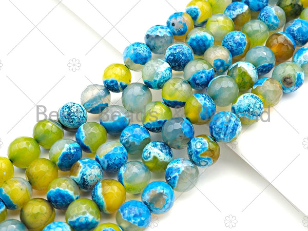 Natural Blue Yellow Fire Agate Round Faceted Beads, 8mm/10mm/12mm Fire Agate, Natural Agate, 15.5" Full Strand, Sku#U1060