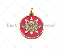 Colorful Enamel PAVE Evil Eye On Round Coin Pendant, Gold Enamel Evil Eye Pendant, Pave Enamel Jewelry Findings,17x19mm,Sku#L430