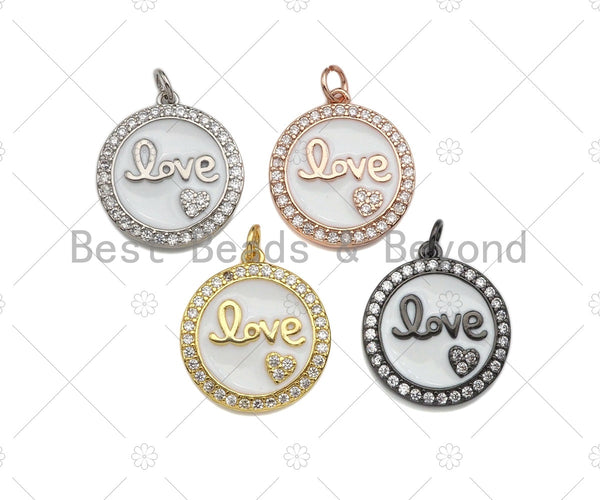 White Enamel Love with Pave Heart On Round Charms/Pendant, Enamel Pendant, Micro Pave CZ, Coin Enamel Jewelry Findings,19x21mm,Sku#FH147