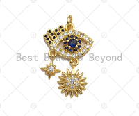 Clear CZ Micro Pave Colbalt Blue Evil Eye With Sunflower Star Shape Pendant Charm, Cubic Zirconia Evil Eye Charm,17x26mm,sku#LK155