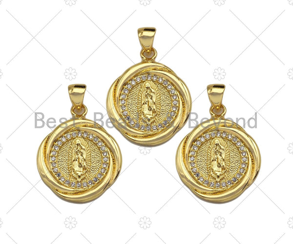 18k Dainty Gold Virgin Mary On Round Flower Shape Charms, Dainty Charms, Gold Pendant, Round Flower Necklace Charms, 18x21mm, Sku#LK168