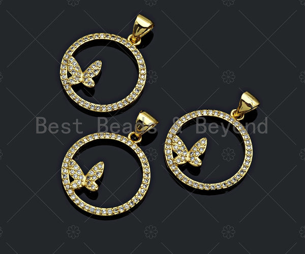 18k Dainty Gold Butterfly On Round Ring Shape Charms, Dainty Charms, Gold Pendant, Round Ring Necklace Charms, 18x20mm, Sku#LK174