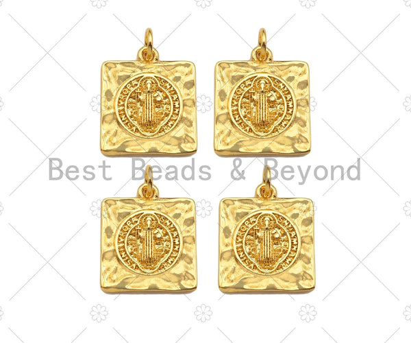 18k Gold Saint St Benedict Medallion Protection Square Charms, Gold Jesus Pendant, Religious Necklace Charms, 15x17mm, Sku#Z1248