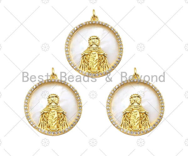 CZ Micro Pave Virgin Mary On Round Coin Pearl Charms, Dainty Gold Virgin Mary Pendant, Mother of Pearl Necklace Charms, 22x24mm, Sku#Z1250