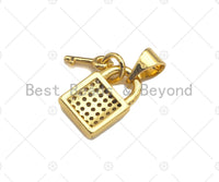 Micro Pave Black CZ Key On Lock Shape Charms, Micro Pave CZ Pendant/Charm, Lock Necklace Bracelet Charms, 8x12mm, Sku#Z1258