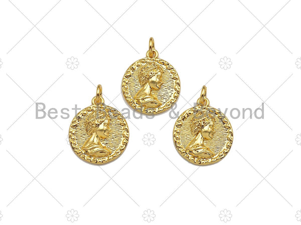 18k Dainty Gold Embossed Queen Elizabeth Coin Charms, Madallion Charms, Gold Pendant,Emblem Necklace Charms, 17x15mm, Sku#Y379