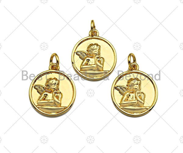 18k Dainty Gold Embossment Angle On Round Coin Charms, Dainty Charms, Gold Pendant, Round Necklace Charms, 14x17mm, Sku#Y384