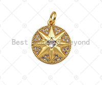 CZ Micro Pave North Star On Round Coin Pendant Charm, Bracelet Necklace CZ Star Pendant Charm, Silver/Gold /Rose Gold Tone,15x18mm,Sku#Y385