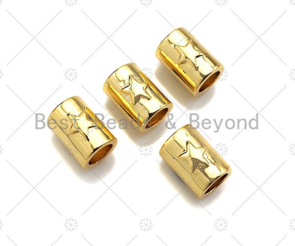 18K Gold High Polished Star On Tube Spacer Beads, Large Hole Tube Spacer Beads, Men's Jewelry Findings, Bracelet Beads, 9x7mm, Sku#Y387