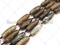 Natural Brown Agate Barrel Spacer Beads, Brown White Agate Spacer Beads, Tibetan Dzi Beads, 14x40mm, Sku#U1022