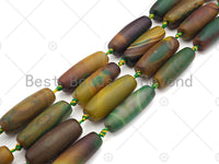 Natural Matt Green Brown Agate Barrel Spacer Beads, Tibetan Agate Spacer Beads, Tibetan Dzi Beads, 14x40mm, Sku#U1023