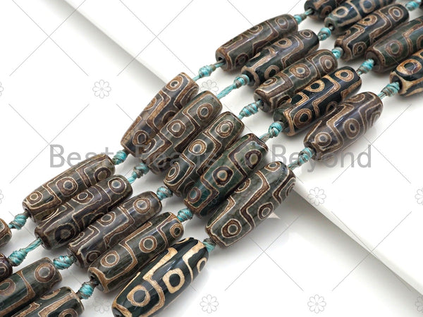 Natural Tibetan Agate Barrel Beads, Green Dzi Drum Beads, Tibetan Dzi Beads, 10x30mm, Sku#U1045 Bestbeads&Beyond