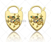 CZ Micro Pave Colorful Snake Padlock Heart Clasp Charms, Colorful Snake On Padlock Clasp, Padlock Necklace Charms, 17x25mm, Sku#K167