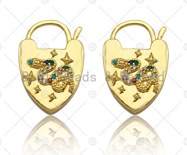 CZ Micro Pave Colorful Snake Padlock Heart Clasp Charms, Colorful Snake On Padlock Clasp, Padlock Necklace Charms, 17x25mm, Sku#K167