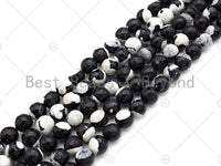 Natural Black White Fire Agate Round Faceted Beads, 8mm/10mm/12mm Fire Agate, Natural Agate, 15.5" Full Strand, Sku#U1052
