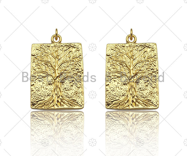 18k Dainty Gold Tree On Rectangle Shape Charms, Dainty Charms, Gold Treen Pendant, Rectangle Necklace Charms, 21x31mm, Sku#LK184