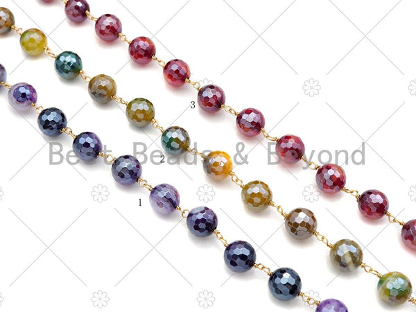 Mystic Agate Purple/Green Brown/Pink Rosary Chain, 10mm Agate Beaded Chain, Wire Wrapped Gold Chain, Sku#V87