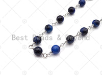 Mystic Blue Agate Faceted Tiger Eye Rosary Chain, 6mm Beaded Chain, Wire Wrapped Silver Plated Chain,Sku#V92