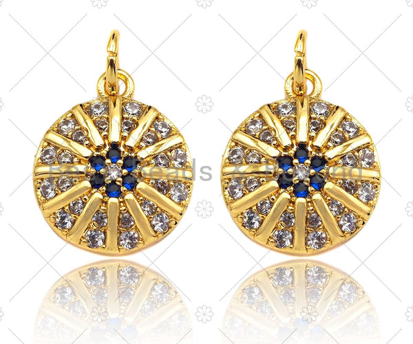 Micro Pave Cobalt CZ North Star On Round Coin Charms, Dainty Gold Charms/Pendant, Round Necklace Charms, 11x13mm, Sku#Z1253