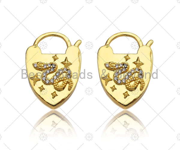 CZ Micro Pave Snake Padlock Heart Clasp Charms, Snake CZ On Padlock Clasp, Gold Charm Pendant, Padlock Necklace Charms, 17x27mm, Sku#K164 Bestbeads&Beyond