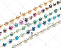 Mystic Agate Brown/Blue/Grey Rosary Chain, 6mm Agate Beaded Chain, Wire Wrapped Gold Chain,Sku#V72