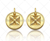 18k Dainty Gold Flower On Round Coin Charms, Embossed Flower Charms Pendant, Round Necklace Charms, 13mm, Sku#Y378