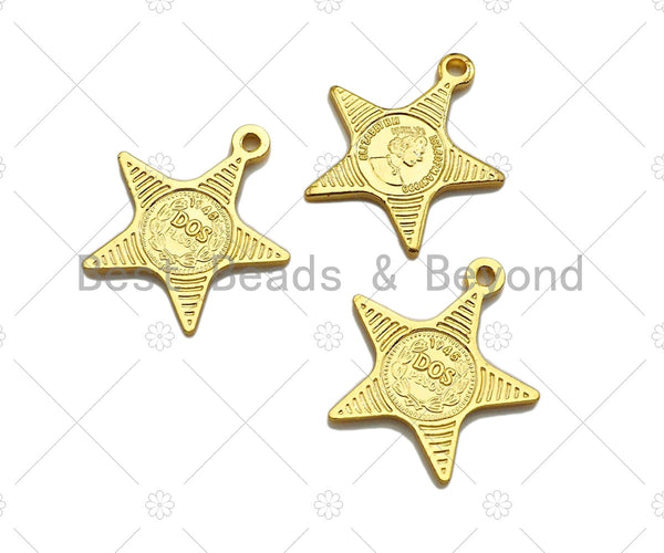 18k Dainty Gold Embossed Star Charms, Queen Elizabeth Charms, Gold Pendant, Five Point Star Necklace Charms, 18x16mm, Sku#Y380