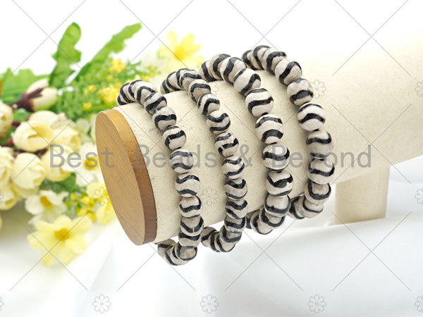 Quality Natural Black White Tibetan Agate Stretchy Bracelet, 8mm/10mm/12mm Elastic Fit Round Smooth, 7.5'' Double Wavy Line,Sku#U1096