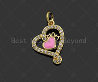 CZ Micro Pave Pink Enamel Heart Shape Pendant,Cubic Zirconia Enamel Heart Charm, Necklace Bracelet Charm Pendant,13x17mm, Sku#L500