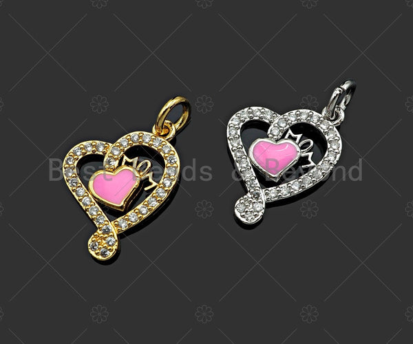 CZ Micro Pave Pink Enamel Heart Shape Pendant,Cubic Zirconia Enamel Heart Charm, Necklace Bracelet Charm Pendant,13x17mm, Sku#L500