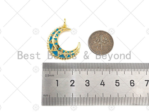 Turquoise Blue Enamel On Cresent Moon Shape Pendant/Charm,Gold Cubic Zirconia Charm, Necklace Bracelet Charm Pendant,21x24mm, Sku#Z1279