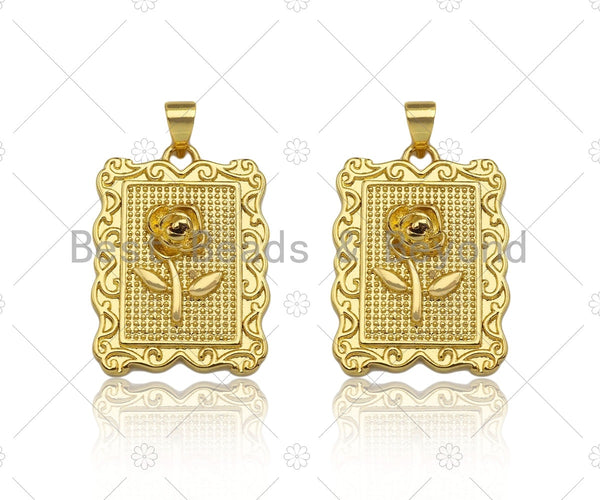 18K Dainty Gold Rose Flower On Rectangle Frame Shape Pendant/Charm,Gold Medallion Charm, Necklace Bracelet Charm Pendant,25x19mm, Sku#LK231