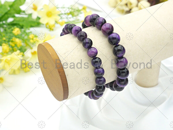 High Quality Natural Purple Tiger Eye Stretchy Bracelet, 8mm/10mm/12mm Elastic Fit Round Smooth Bracelet, Sku#U1089