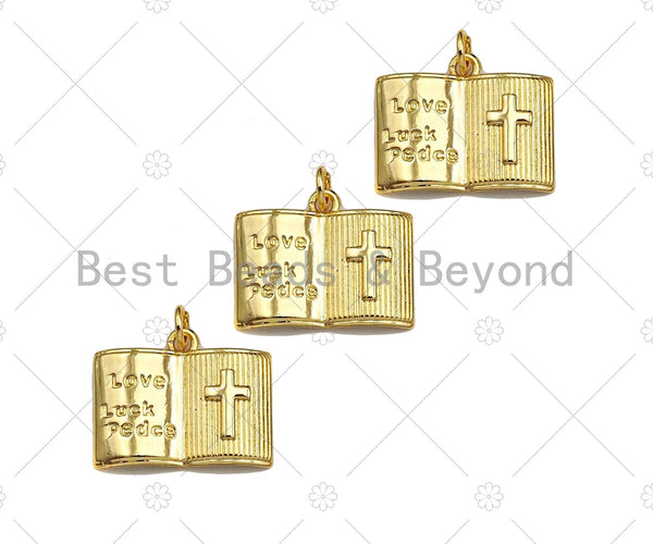 18K Dainty Gold Love Luck Cross On Book Shape Pendant/Charm,Book Medallion Charm, Necklace Bracelet Charm Pendant,20x16mm, Sku#LK255