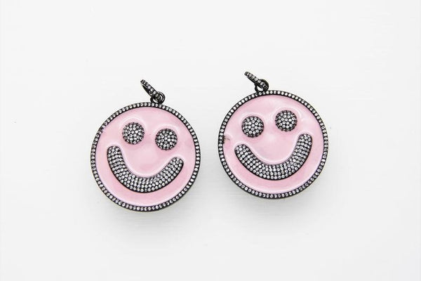 Large Pave Enamel Pink Smiley Face 38mm Pendant, Cubic Zirconia Pave Pendant, Happy face charm, Pink Smiley Face, SKU#F612P