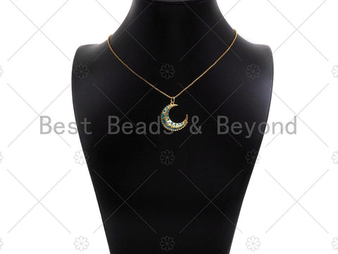 Turquoise Blue Enamel On Cresent Moon Shape Pendant/Charm,Gold Cubic Zirconia Charm, Necklace Bracelet Charm Pendant,21x24mm, Sku#Z1279