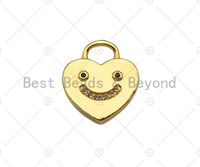 18K Dainty Gold Smiley Face On Heart Lock Shape Pendant/Charm, Necklace Bracelet Charm Pendant,15x13mm, Sku#LK233 Bestbeads&Beyond