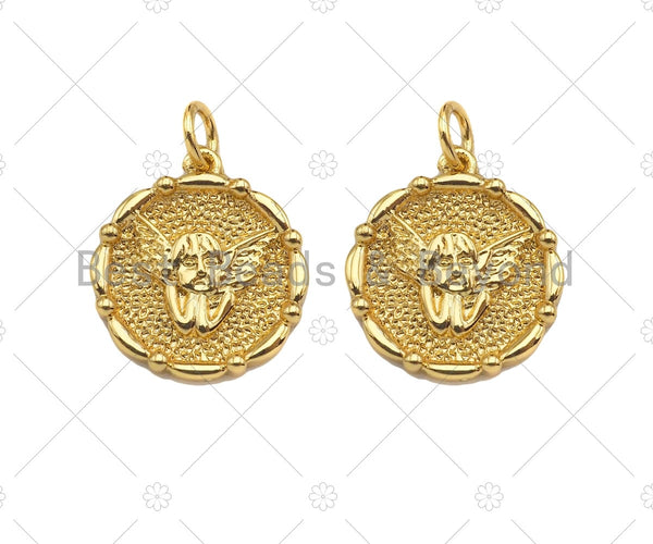 18K Dainty Gold Angel Face On Round Coin Shape Pendant/Charm,Gold Angle Medallion Charm, Necklace Bracelet Charm Pendant,17x15mm, Sku#F1362