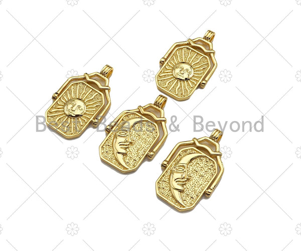 18K Gold Sun Face Cresent Moon Medallion Pendant/Charm,Two Sided Rotating Charm, 22x36mm,Sku#LK249