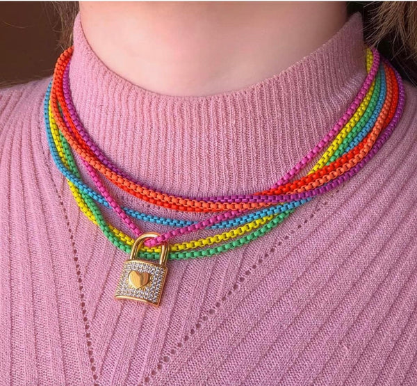 18K Gold Layered 3mm Colorful Enamel Box Chain Multicolor Necklace for Jewelry White