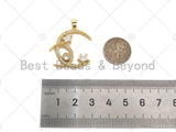 CZ Micro Pave Double Cresent Moon With Star Shape Pendan,Big CZ Dainty Gold Charm, Necklace Bracelet Charm Pendant,26x28mm, Sku#F1385