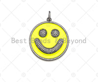 Large Pave Enamel Yellow Smiley Face 38mm Pendant, Cubic Zirconia Pave Pendant, Happy face charm, Yellow Smiley Face, Sku#ML40
