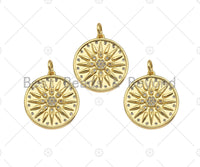 CZ Micro Pave Flower On Round Coin Shape Pendant,Cubic Zirconia Medallion Charm, Necklace Bracelet Charm Pendant,18x20mm,Sku#F1369