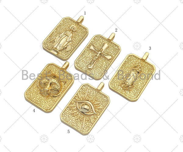 18K Dainty Gold Cross Evil Eye Vigin Mary On Rectangle Charm,Lion Head Medallion Charm, Necklace Bracelet Pendant,16x26mm, Sku#FH150