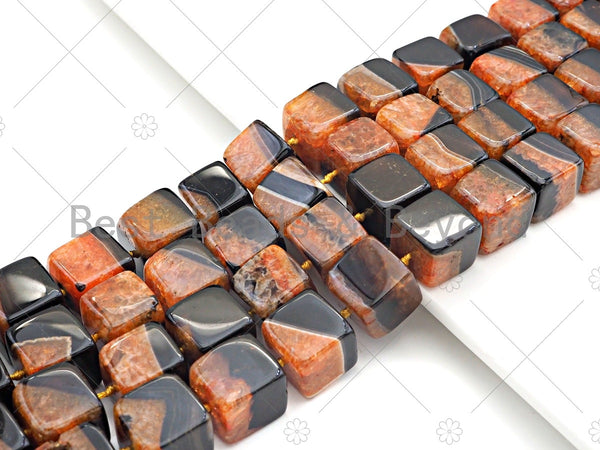 High Quality Natural Orange Black Druzy Agate Beads, 15mm Cube Smooth Agate, 15.5'' Full Strand,Sku#YK09