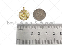 CZ Micro Pave Rose Flower On Coin Shape Pendant/Charm,18K Dianty Gold Medallion Charm, Necklace Bracelet Charm Pendant,15x19mm, Sku#LK251